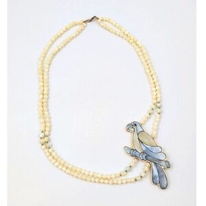 VTG Lee Sands‎ Mother of Pearl Parrot Necklace Double Strand Inlaid Shell Macaw